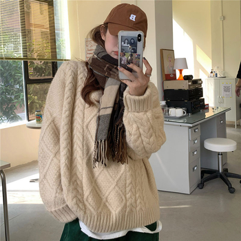 Női kábelmintás kötött pulóver, kerek nyakú, hosszú ujjú, laza fazon