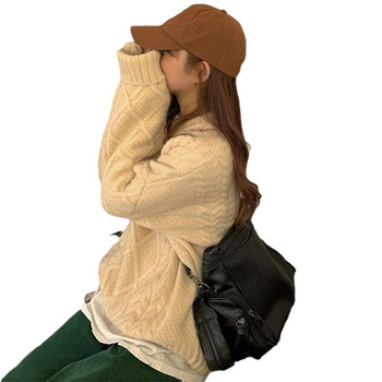 Női kábelmintás kötött pulóver, kerek nyakú, hosszú ujjú, laza fazon