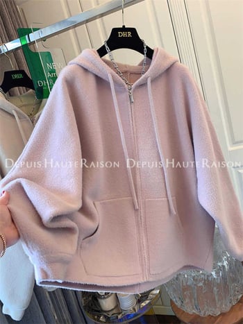 Kardigán kapucnival kötött pulóverrel, cipzárral, hosszú ujjú, közepes vastagságú, pamut 30–50% keverék, 2025 tavasz