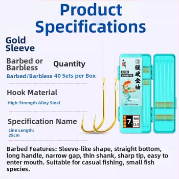 40 darabos készlet vékony előkéshez – kettős horog, arany hüvelyek, horogok barbes és barbless változatban, kárászhoz patakban