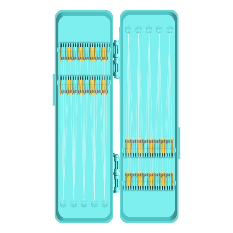 40 darabos készlet vékony előkéshez – kettős horog, arany hüvelyek, horogok barbes és barbless változatban, kárászhoz patakban