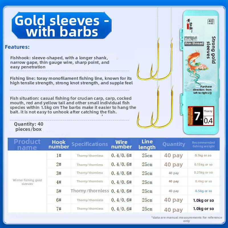 40 darabos készlet vékony előkéshez – kettős horog, arany hüvelyek, horogok barbes és barbless változatban, kárászhoz patakban