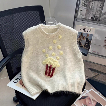 Női ujjatlan mellény kapucnival, kerek nyakú, laza szabású, kötött acril- és poliészter anyag