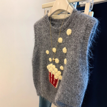 Női ujjatlan mellény kapucnival, kerek nyakú, laza szabású, kötött acril- és poliészter anyag