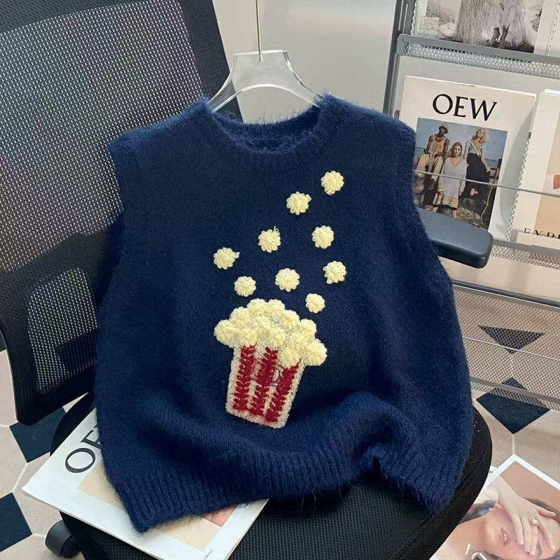 Női ujjatlan mellény kapucnival, kerek nyakú, laza szabású, kötött acril- és poliészter anyag