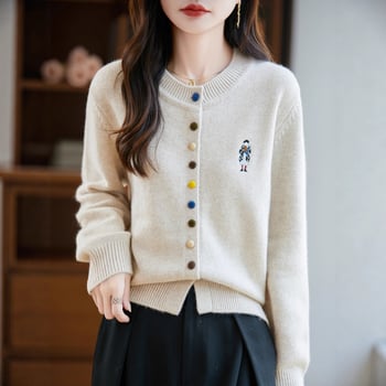 Hímzett kardigán - poliészter, hosszú ujjú, kerek nyakú, japán-koreai lazább stílus