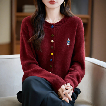 Hímzett kardigán - poliészter, hosszú ujjú, kerek nyakú, japán-koreai lazább stílus