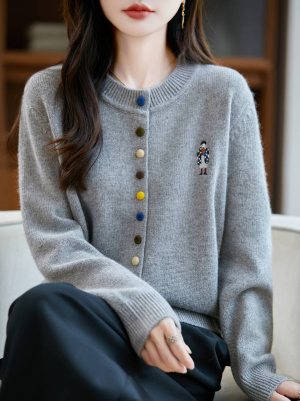 Hímzett kardigán - poliészter, hosszú ujjú, kerek nyakú, japán-koreai lazább stílus