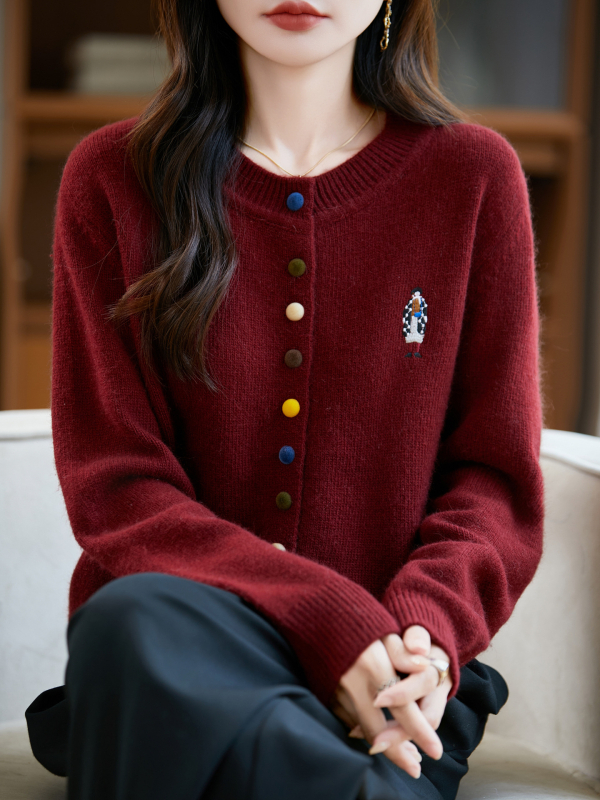 Hímzett kardigán - poliészter, hosszú ujjú, kerek nyakú, japán-koreai lazább stílus