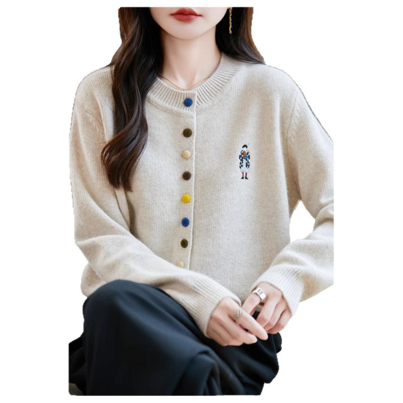 Hímzett kardigán - poliészter, hosszú ujjú, kerek nyakú, japán-koreai lazább stílus