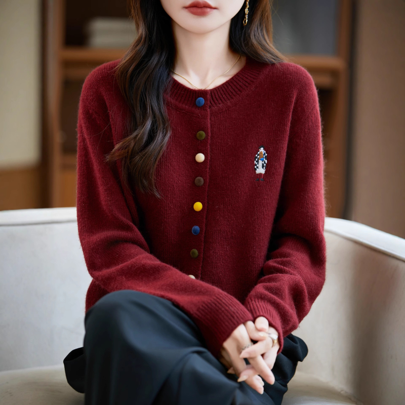 Hímzett kardigán - poliészter, hosszú ujjú, kerek nyakú, japán-koreai lazább stílus