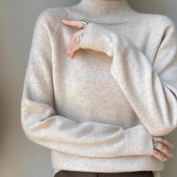 Női fél-magasan galléros kötött felső pamut anyagból PU díszítéssel, hosszú ujjú, laza szabású