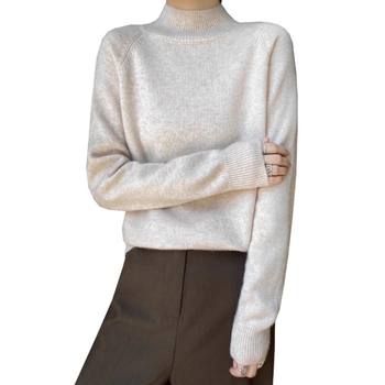 Női fél-magasan galléros kötött felső pamut anyagból PU díszítéssel, hosszú ujjú, laza szabású