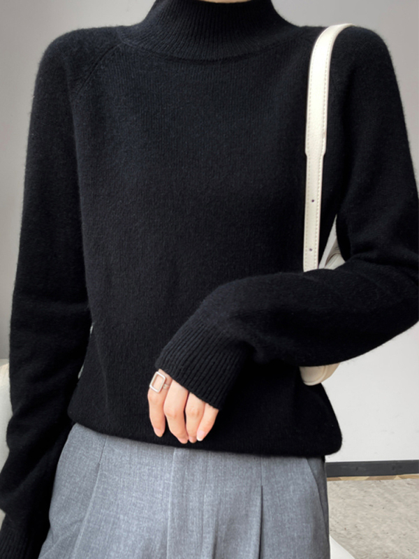 Női fél-magasan galléros kötött felső pamut anyagból PU díszítéssel, hosszú ujjú, laza szabású