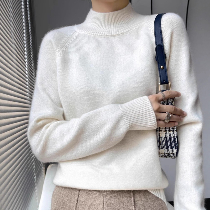 Női fél-magasan galléros kötött felső pamut anyagból PU díszítéssel, hosszú ujjú, laza szabású