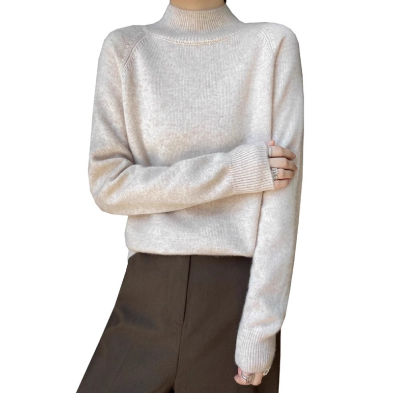 Női fél-magasan galléros kötött felső pamut anyagból PU díszítéssel, hosszú ujjú, laza szabású