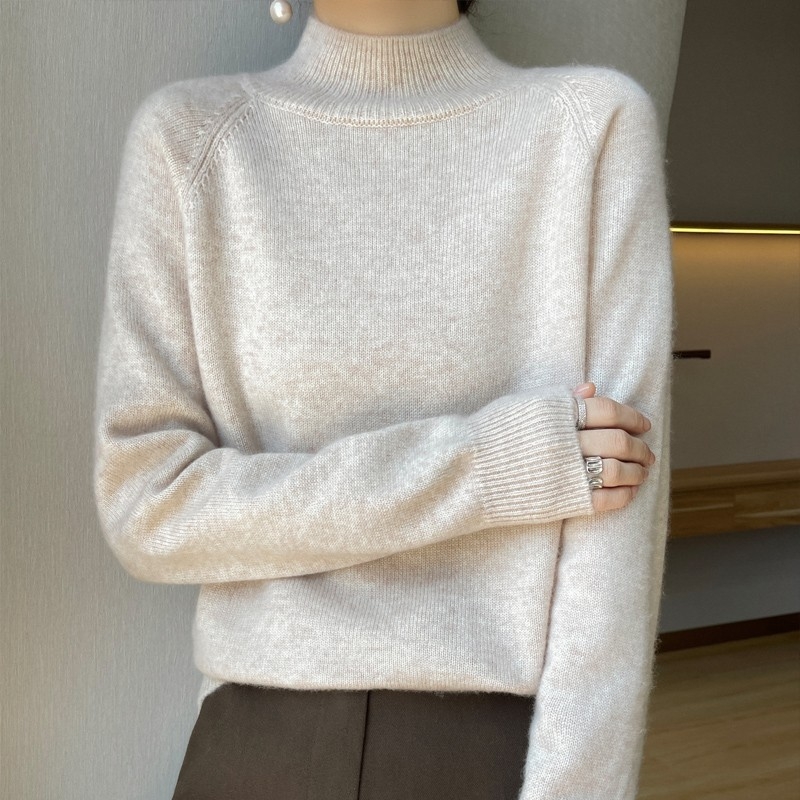 Női fél-magasan galléros kötött felső pamut anyagból PU díszítéssel, hosszú ujjú, laza szabású