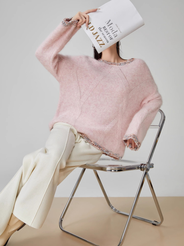 Džemper s kapuljom od mohera i poliestera, slobodan kroj, dugi rukavi, okrugli izrez