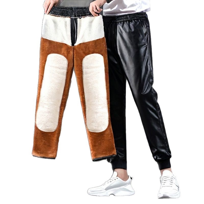 Мъжки панталони от изкуствена кожа, подплатени с флис, висока талия, тясна кройка, есенно облекло