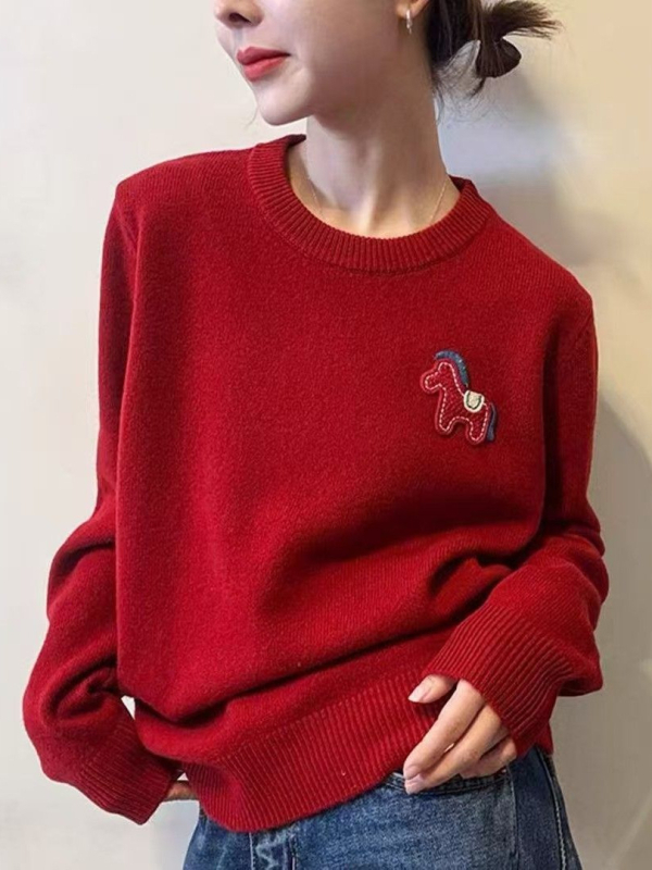 Hímzett gyapjú-kötött pulóver kerek nyakú, hosszú ujjú, vastag, állatmintás