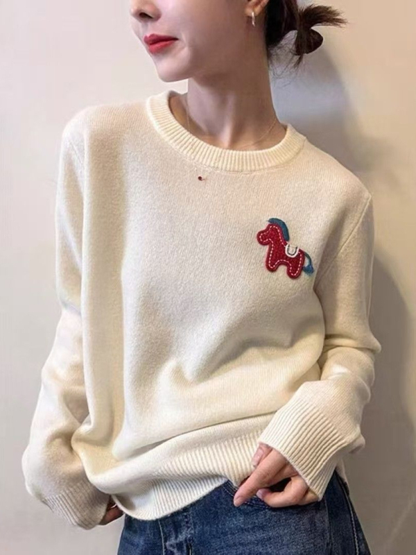 Hímzett gyapjú-kötött pulóver kerek nyakú, hosszú ujjú, vastag, állatmintás