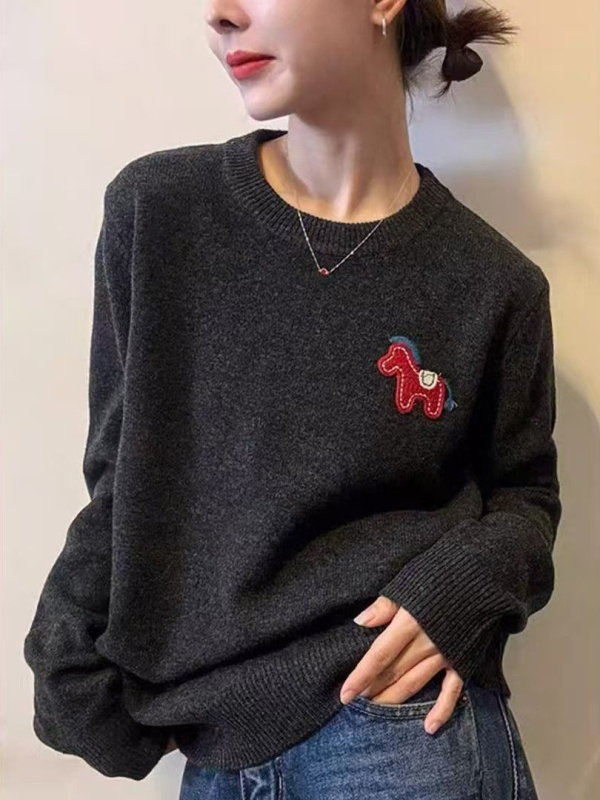 Hímzett gyapjú-kötött pulóver kerek nyakú, hosszú ujjú, vastag, állatmintás