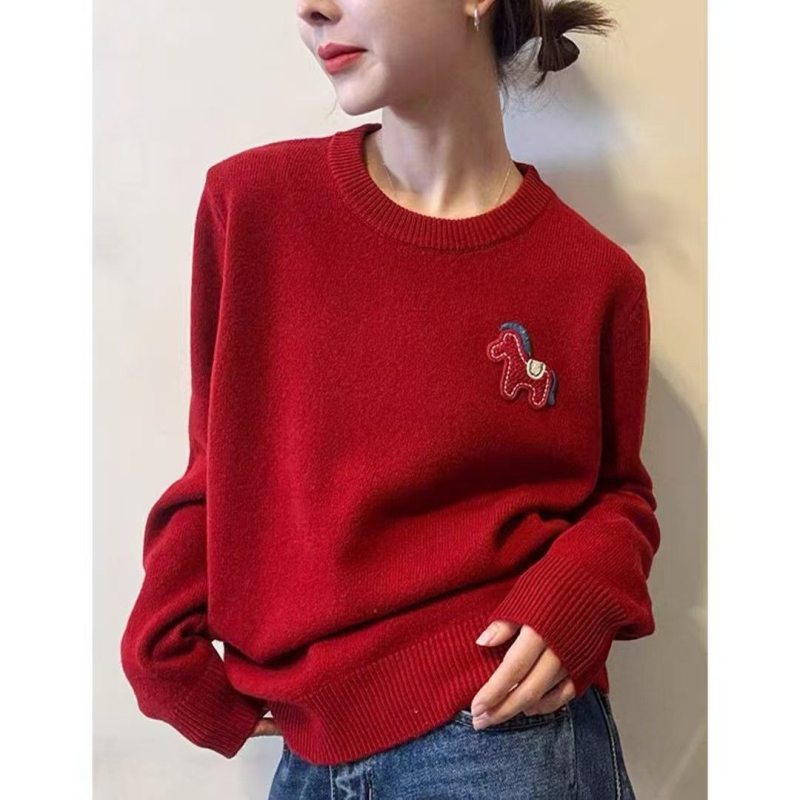 Hímzett gyapjú-kötött pulóver kerek nyakú, hosszú ujjú, vastag, állatmintás