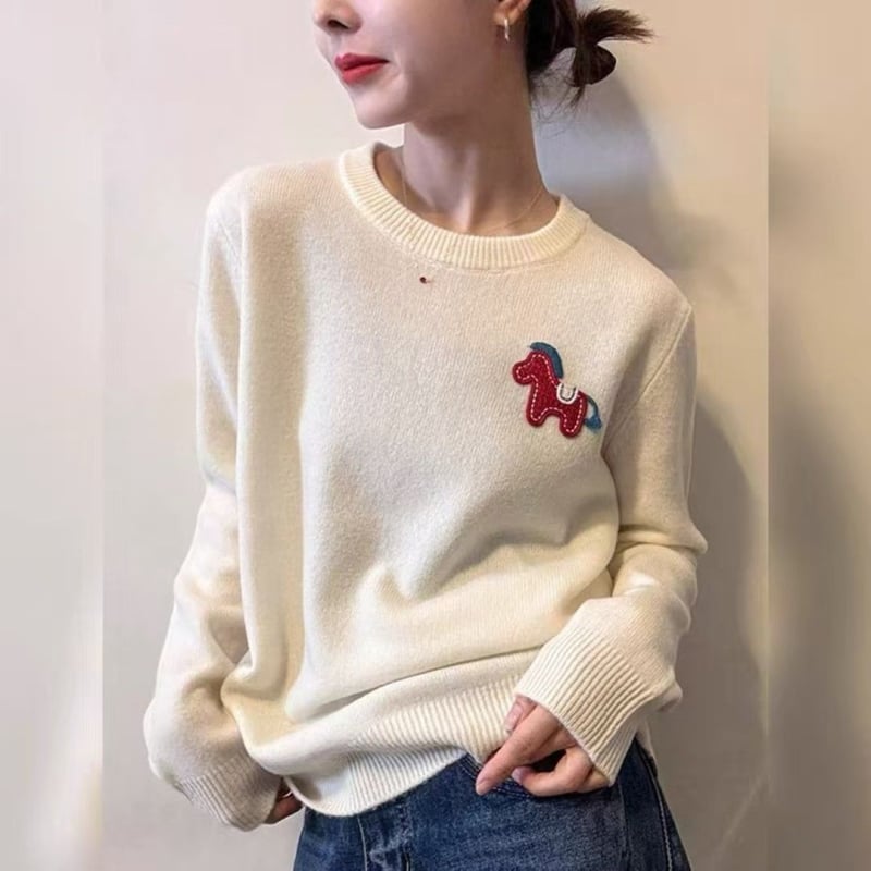 Hímzett gyapjú-kötött pulóver kerek nyakú, hosszú ujjú, vastag, állatmintás