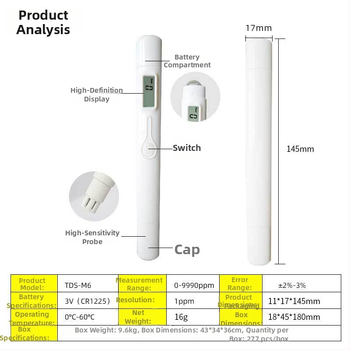 TDS-M6 hordozható vízminőség-analizátor, 0–9990 PPM tartomány, pontosság ±2%, felbontás 1 PPM