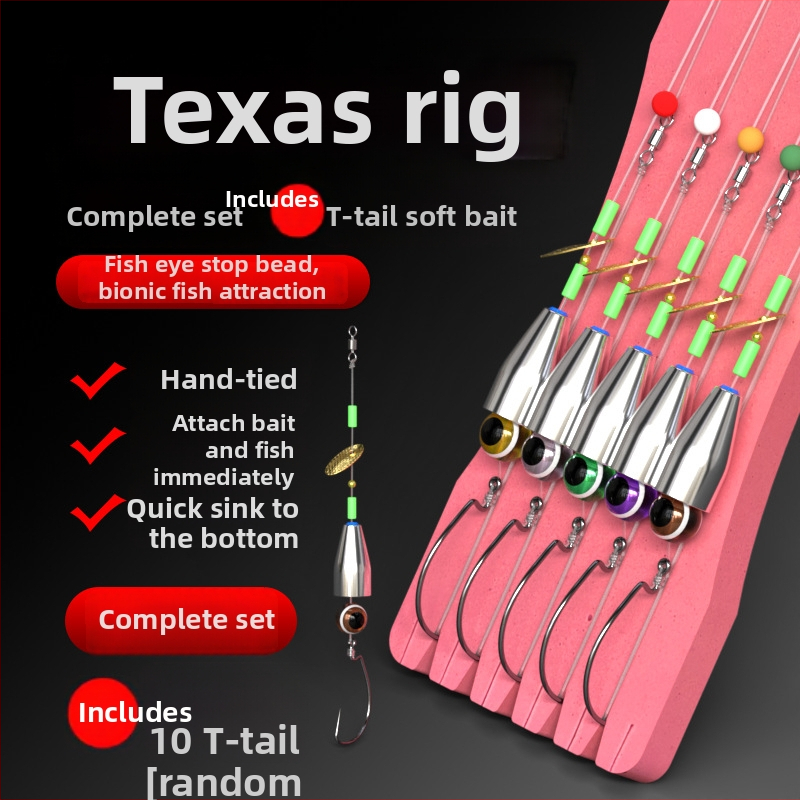 Ručne vyrobený Texas Rig rybársky set s antizachyteným spodným setom, crank háčikom, nástrahou a mäkkou nástrahou (materiál: uhlíková oceľ; miesto rybolovu: rezervoár)
