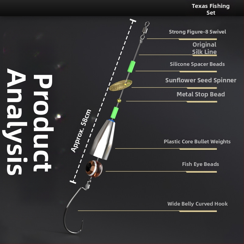 Ručne vyrobený Texas Rig rybársky set s antizachyteným spodným setom, crank háčikom, nástrahou a mäkkou nástrahou (materiál: uhlíková oceľ; miesto rybolovu: rezervoár)