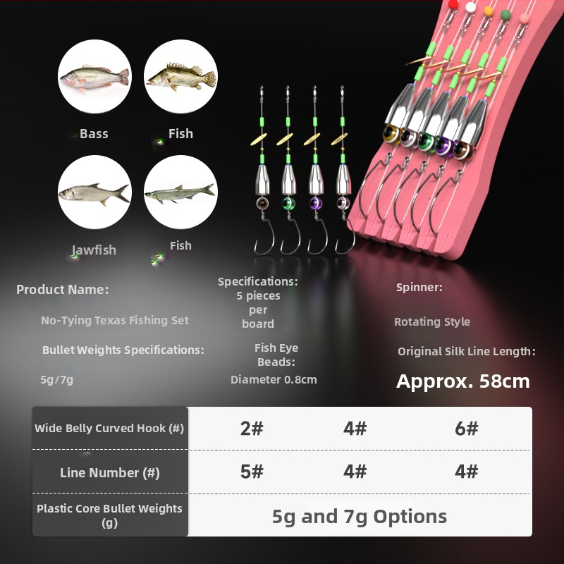 Ručne vyrobený Texas Rig rybársky set s antizachyteným spodným setom, crank háčikom, nástrahou a mäkkou nástrahou (materiál: uhlíková oceľ; miesto rybolovu: rezervoár)