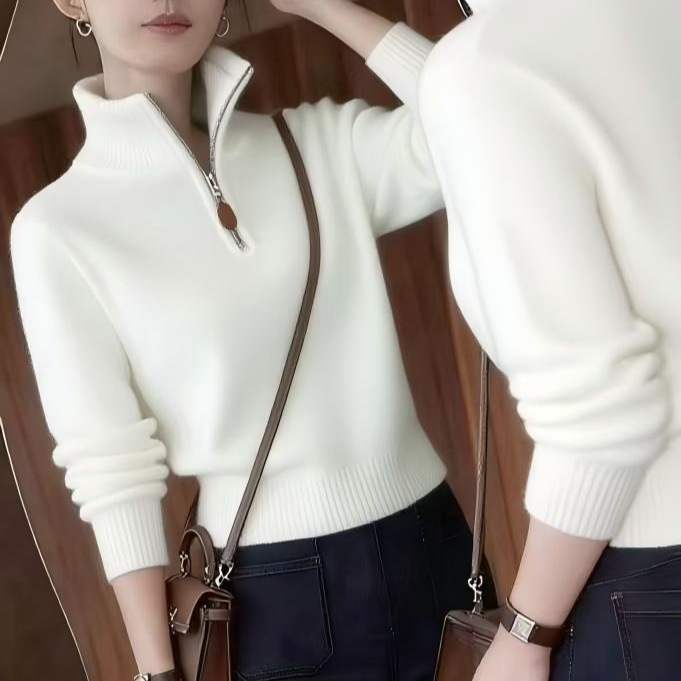 Ženski sivi pleteni top s polu-zipom i visokim ovratnikom, jesen-zima, minimalistički stil