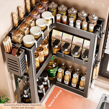 Konyhai sarokfűszeres polc - 90 fokos kialakítás, többfunkciós, szénacél, a pulton, modell HJ-NP