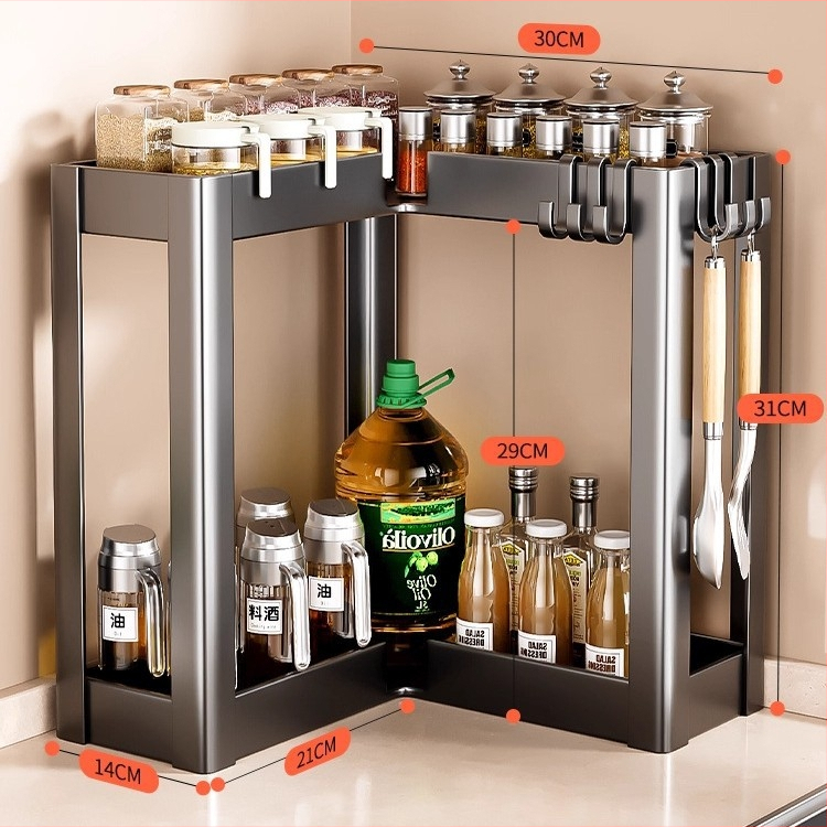 Konyhai sarokfűszeres polc - 90 fokos kialakítás, többfunkciós, szénacél, a pulton, modell HJ-NP