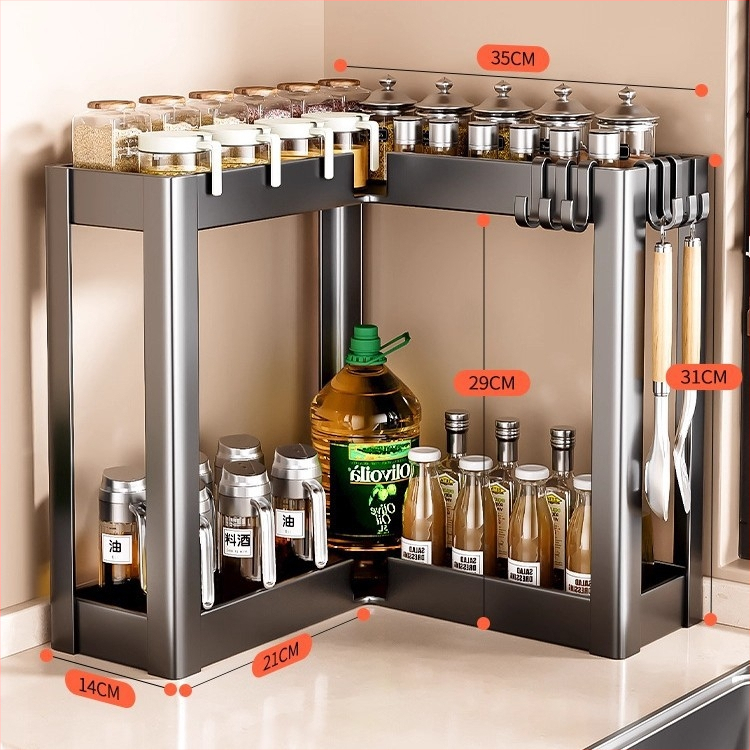 Konyhai sarokfűszeres polc - 90 fokos kialakítás, többfunkciós, szénacél, a pulton, modell HJ-NP