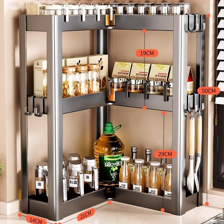 Konyhai sarokfűszeres polc - 90 fokos kialakítás, többfunkciós, szénacél, a pulton, modell HJ-NP