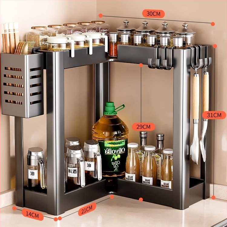 Konyhai sarokfűszeres polc - 90 fokos kialakítás, többfunkciós, szénacél, a pulton, modell HJ-NP