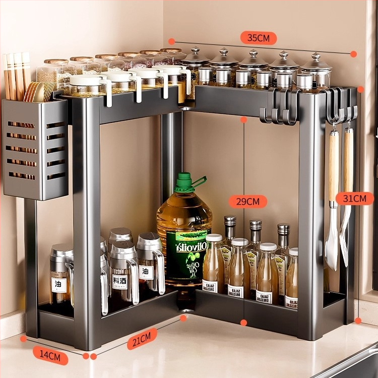 Konyhai sarokfűszeres polc - 90 fokos kialakítás, többfunkciós, szénacél, a pulton, modell HJ-NP