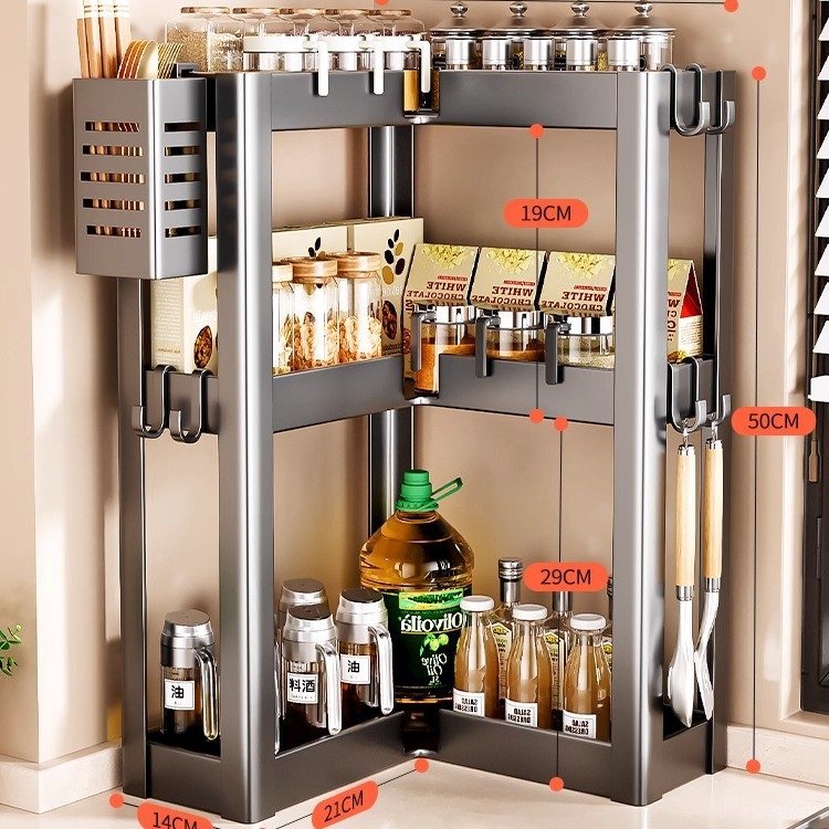 Konyhai sarokfűszeres polc - 90 fokos kialakítás, többfunkciós, szénacél, a pulton, modell HJ-NP