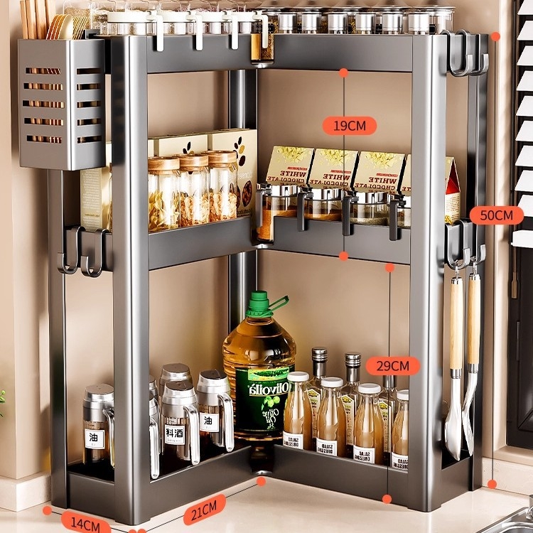 Konyhai sarokfűszeres polc - 90 fokos kialakítás, többfunkciós, szénacél, a pulton, modell HJ-NP