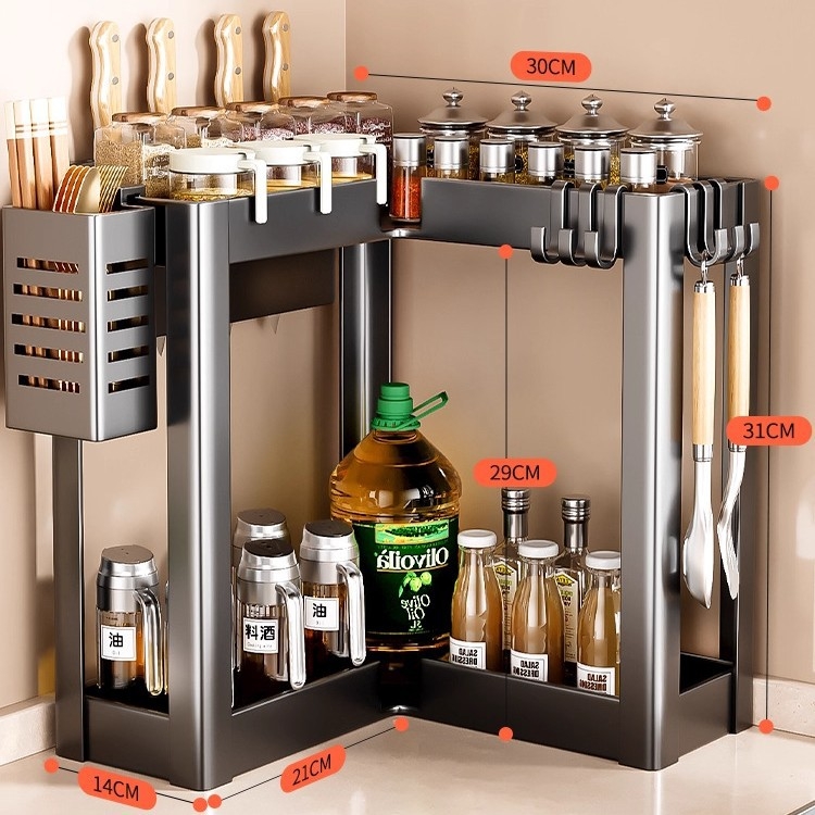 Konyhai sarokfűszeres polc - 90 fokos kialakítás, többfunkciós, szénacél, a pulton, modell HJ-NP