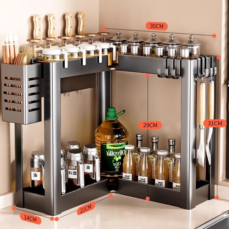 Konyhai sarokfűszeres polc - 90 fokos kialakítás, többfunkciós, szénacél, a pulton, modell HJ-NP