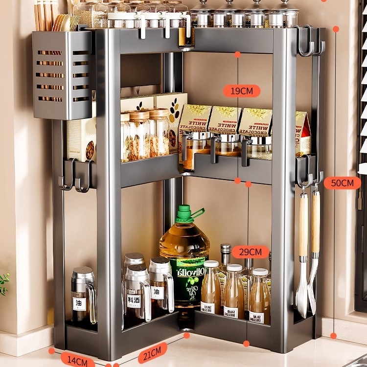 Konyhai sarokfűszeres polc - 90 fokos kialakítás, többfunkciós, szénacél, a pulton, modell HJ-NP