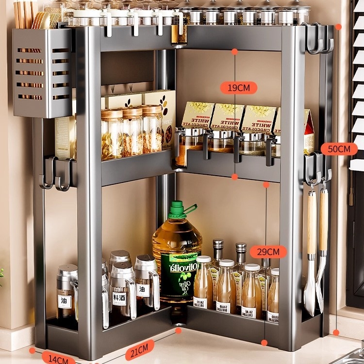 Konyhai sarokfűszeres polc - 90 fokos kialakítás, többfunkciós, szénacél, a pulton, modell HJ-NP