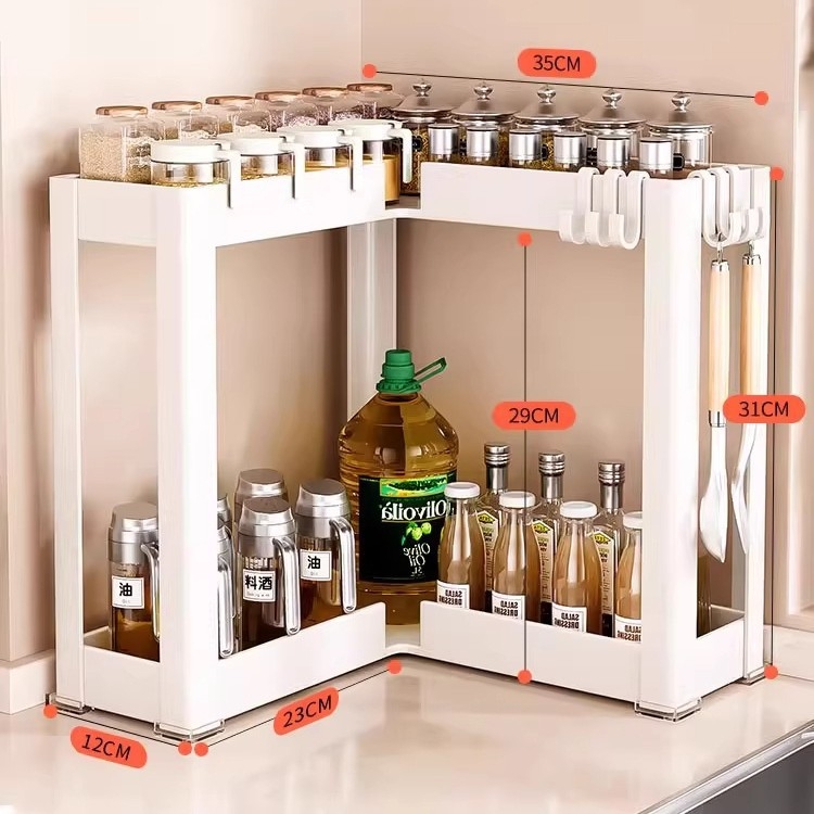 Konyhai sarokfűszeres polc - 90 fokos kialakítás, többfunkciós, szénacél, a pulton, modell HJ-NP