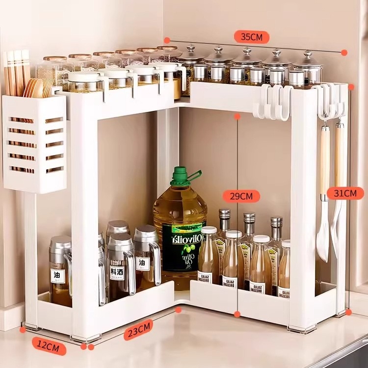 Konyhai sarokfűszeres polc - 90 fokos kialakítás, többfunkciós, szénacél, a pulton, modell HJ-NP