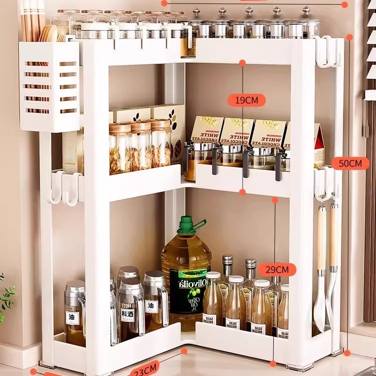 Konyhai sarokfűszeres polc - 90 fokos kialakítás, többfunkciós, szénacél, a pulton, modell HJ-NP