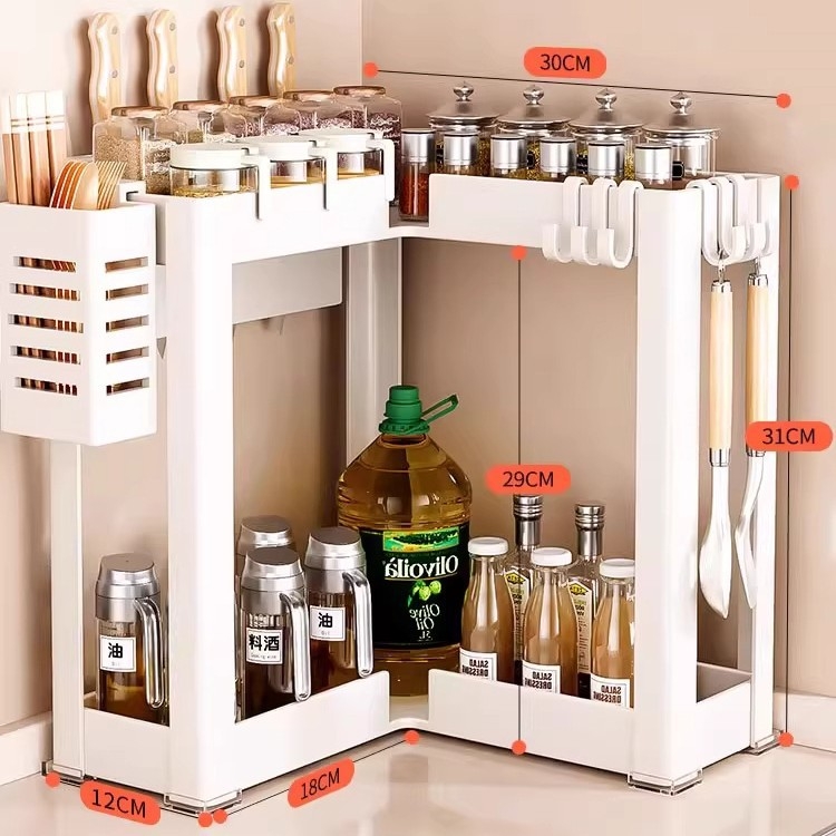 Konyhai sarokfűszeres polc - 90 fokos kialakítás, többfunkciós, szénacél, a pulton, modell HJ-NP