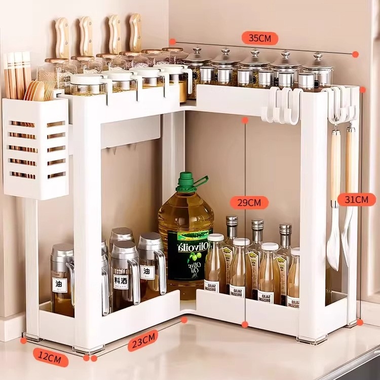 Konyhai sarokfűszeres polc - 90 fokos kialakítás, többfunkciós, szénacél, a pulton, modell HJ-NP